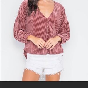 Ribbed Velvet Loose fit button front top rose